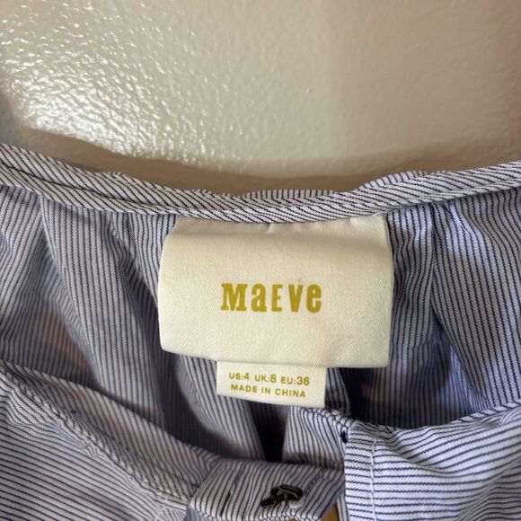 Maeve Anthropologie Blue Pinstripe Top Off The Shoulder Ruffle Button Tank Sz 4 - Picture 4 of 8